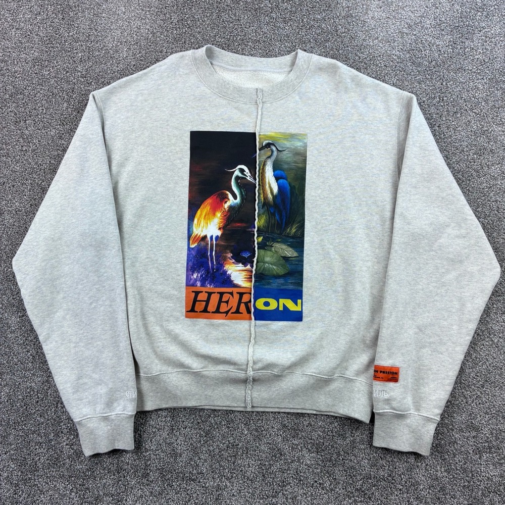 Heron‎ Preston Split Herons Crewneck Sweatshirt Men's XL Gray Heron Bird Print
